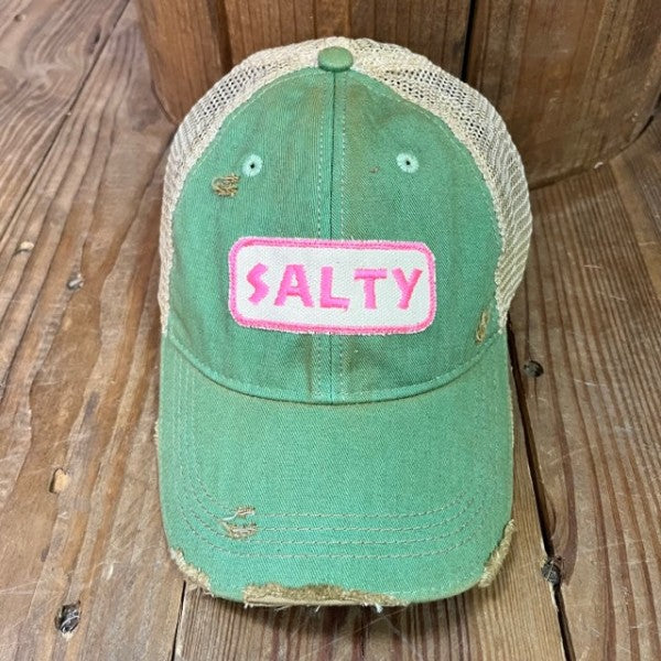 Salty Embroidered Patch Distressed Snapback Baseball Cap-Stay Salty with this Distressed Snapback Baseball Cap. Distressed Headmost Brand Cap, Tan Mesh, Snapback Closure, Embroidered Patch style, Soft and Stylish.