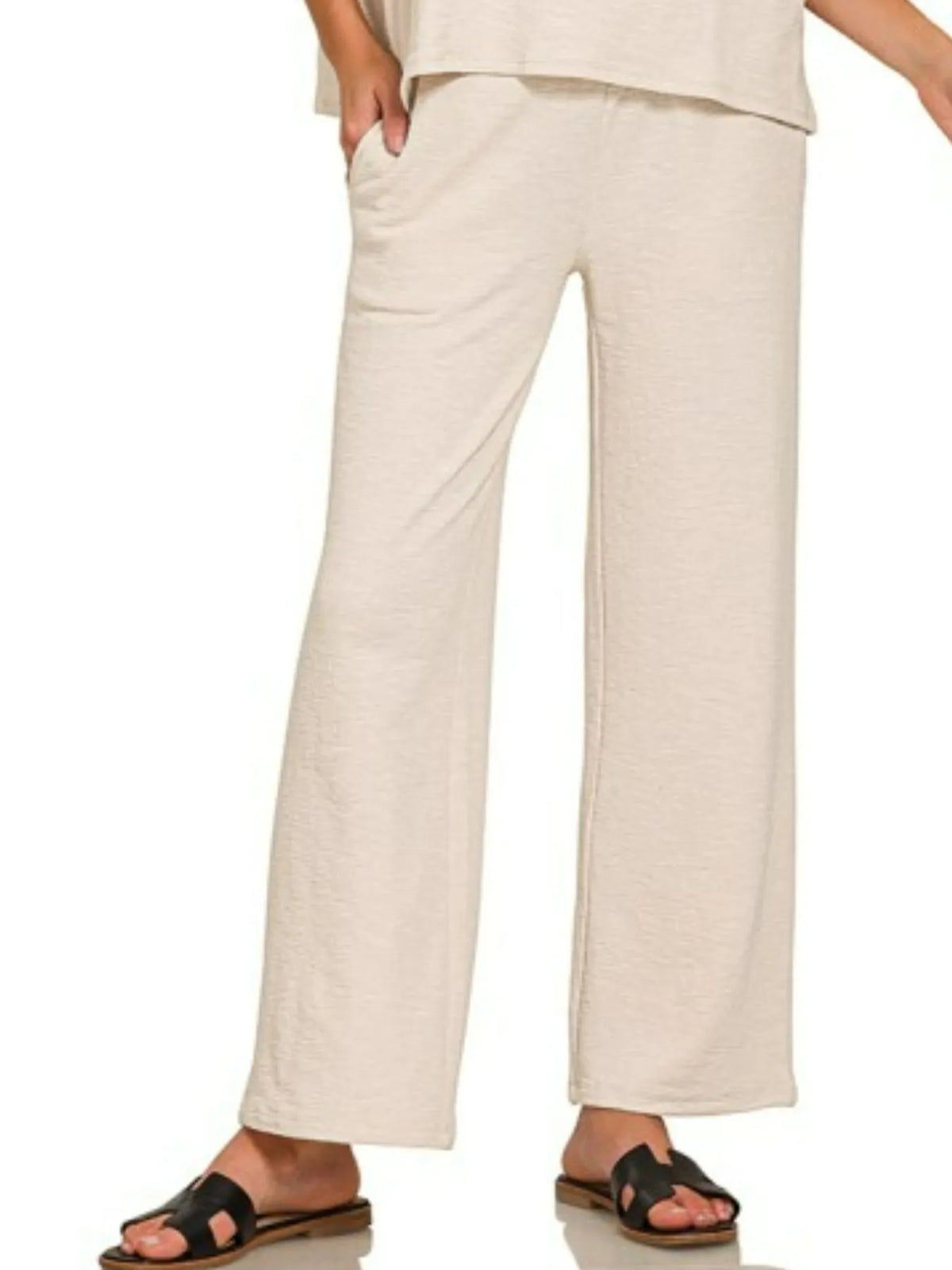 Sand Beige Slub Short Sleeve T-Shirt + Pants Lounge Set-Sand beige slub lounge set with oversized short-sleeve top and wide-leg pants. Soft cotton-blend two-piece outfit for cozy, casual everyday style.-Reef Love