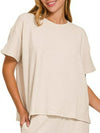 Sand Beige Slub Short Sleeve T-Shirt + Pants Lounge Set-Sand beige slub lounge set with oversized short-sleeve top and wide-leg pants. Soft cotton-blend two-piece outfit for cozy, casual everyday style.-Reef Love