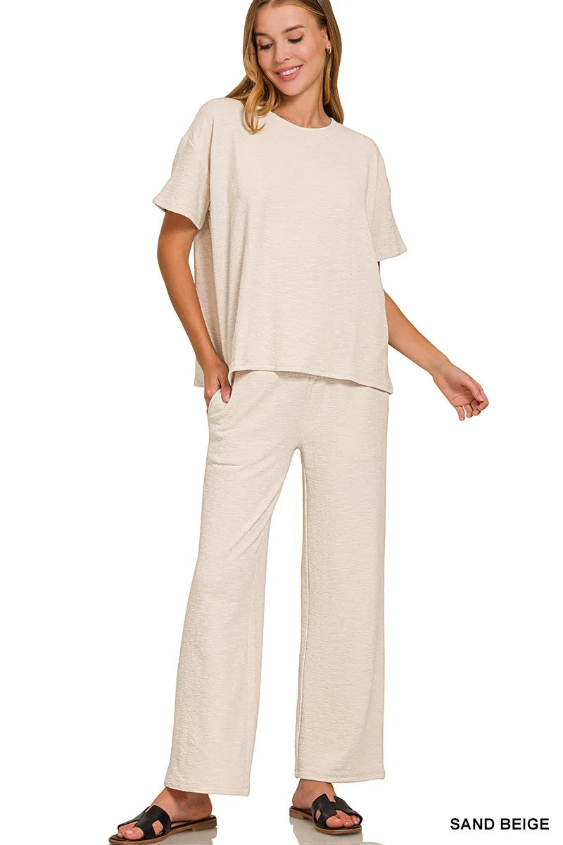 Sand Beige Slub Short Sleeve T-Shirt + Pants Lounge Set-Sand beige slub lounge set with oversized short-sleeve top and wide-leg pants. Soft cotton-blend two-piece outfit for cozy, casual everyday style.-Reef Love