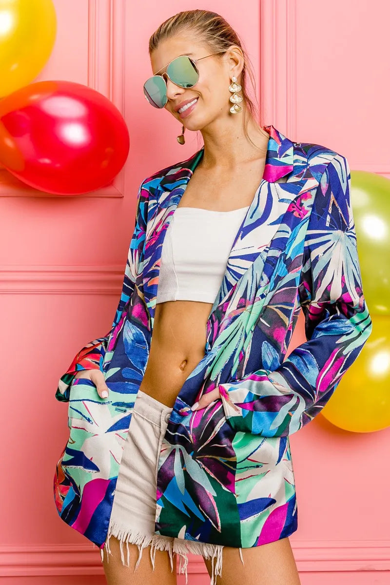 Satin Tropical Print Blazer