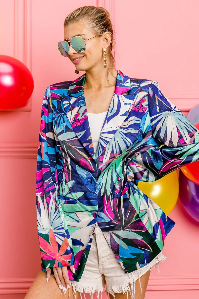 Satin Tropical Print Blazer