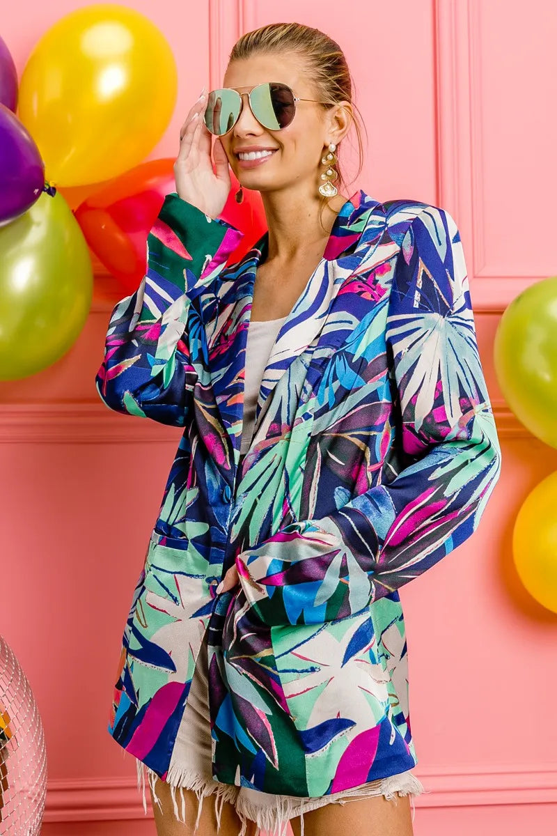 Satin Tropical Print Blazer