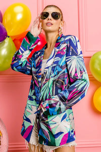 Satin Tropical Print Blazer