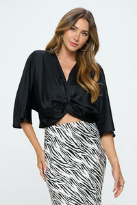 Satin Vibrant Short Sleeve Top with Front Twist-Reef Love
