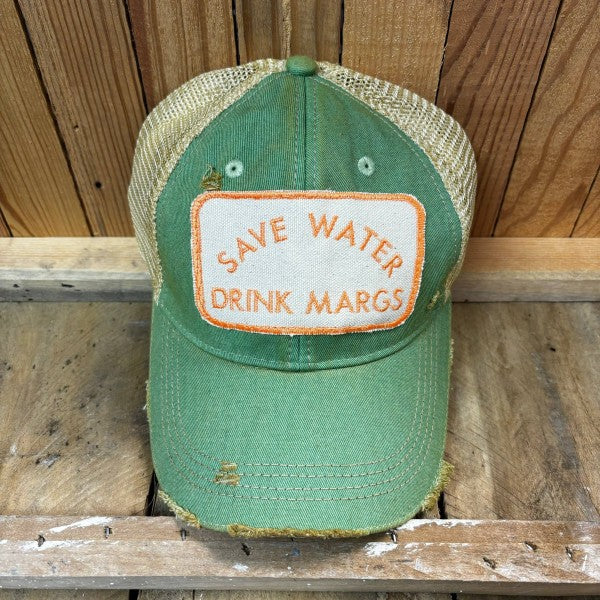 Save Water Drink Margs Embroidered Patch Distressed Baseball Cap-Save Water Drink Marg's Embroidered Patch Distressed Baseball Cap. Headmost Brand Cap, Tan Mesh, Snapback Closure. Entire cap is soft & superior quality.