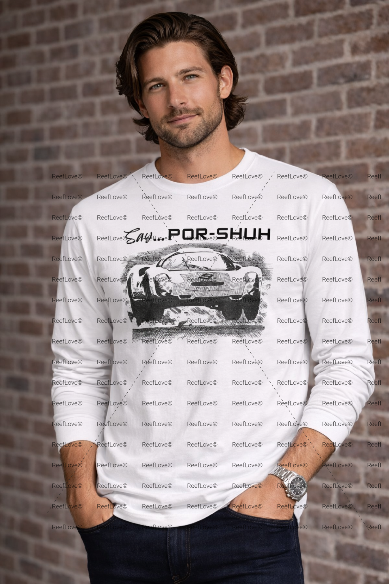 Man wearing a white long-sleeve shirt with a vintage porsche 396 car graphic and text against a brick wall.