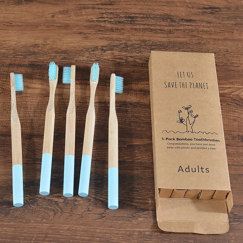 Woman wearing 5 Pack Adult Bamboo Toothbrush Medium Bristles Eco Friendly-5-pack bamboo toothbrush set with biodegradable handles & medium BPA-free bristles. Eco-friendly, vegan, plastic-free & individually packaged.