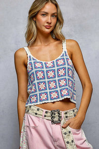 Scalloped Edge Cropped Crochet Cami with Granny Square Pattern, Blue- Boho Chic Styles by Reef Love