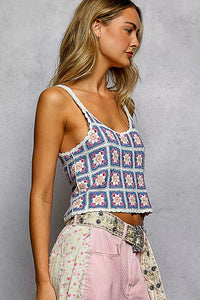 Scalloped Edge Cropped Crochet Cami with Granny Square Pattern, Blue- Boho Chic Styles by Reef Love