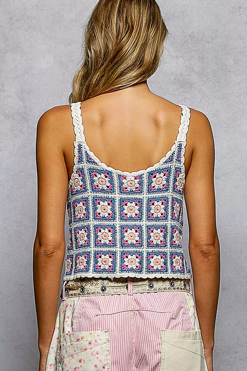 Scalloped Edge Cropped Crochet Cami with Granny Square Pattern, Blue- Boho Chic Styles by Reef Love