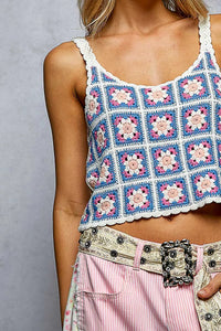 Scalloped Edge Cropped Crochet Cami with Granny Square Pattern, Blue- Boho Chic Styles by Reef Love