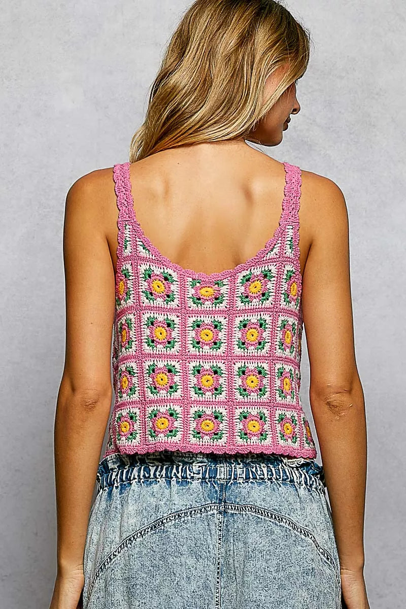 Scalloped Edge Cropped Crochet Cami with Granny Square Pattern, Pink- Boho Chic Styles by Reef Love