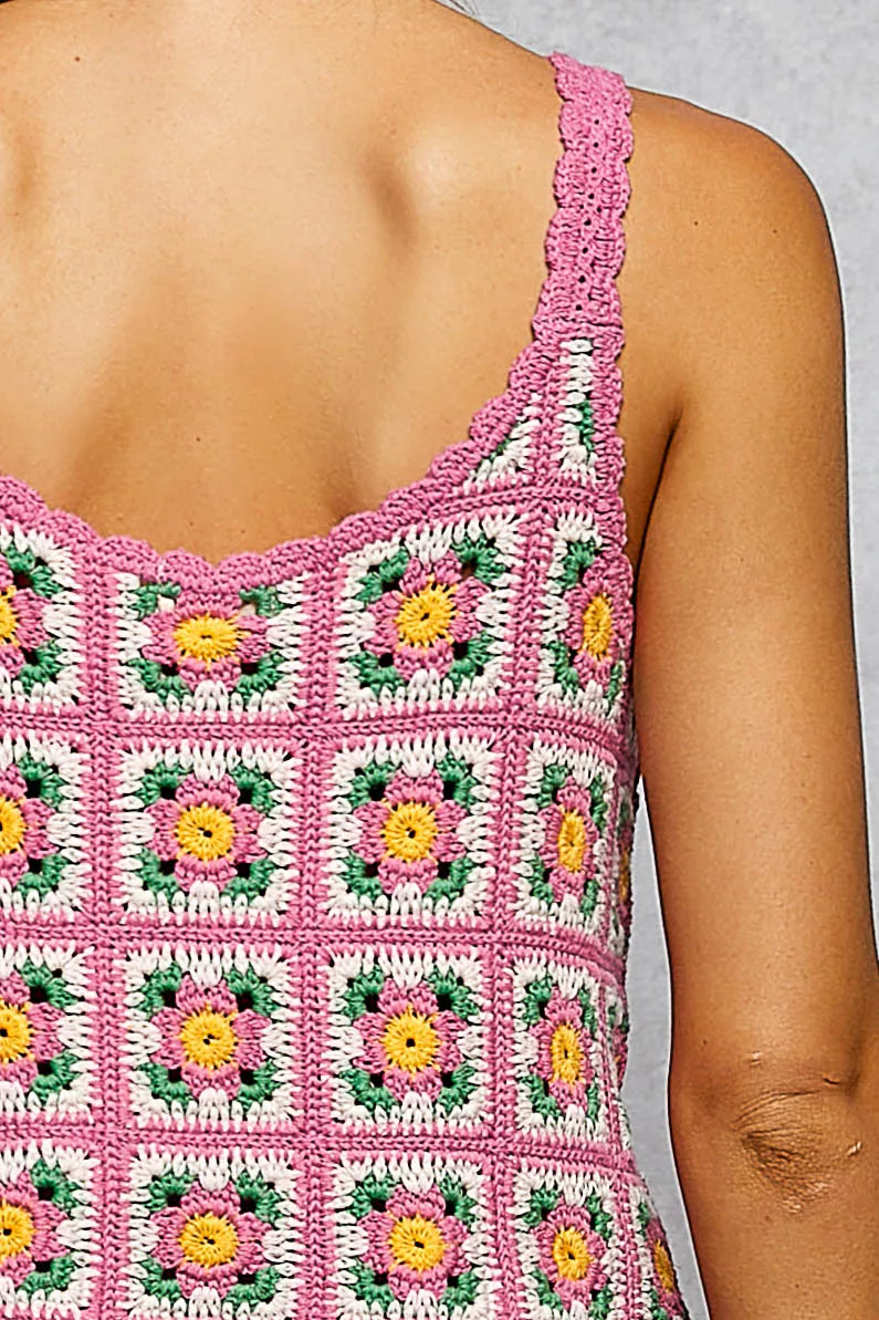 Scalloped Edge Cropped Crochet Cami with Granny Square Pattern, Pink- Boho Chic Styles by Reef Love