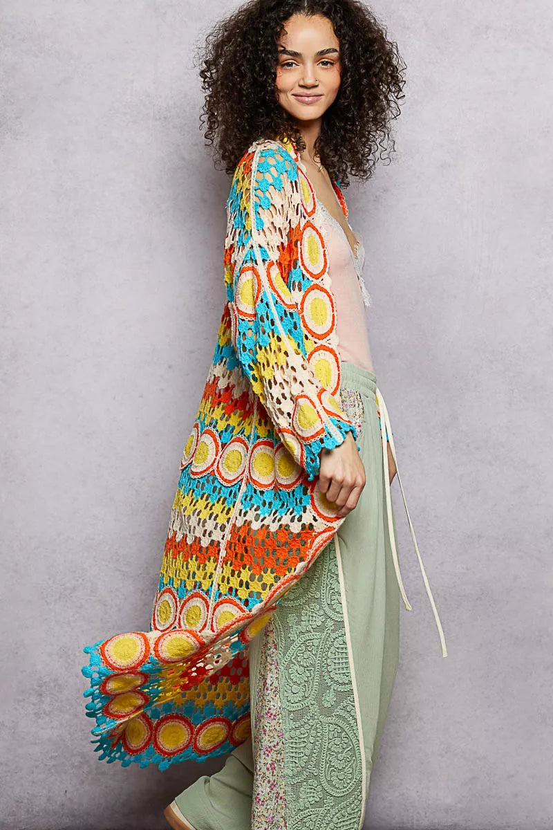 Scalloped Edge Open Front Crochet Cardigan with Colorful Stripe Pattern- Boho Chic Styles by Reef Love