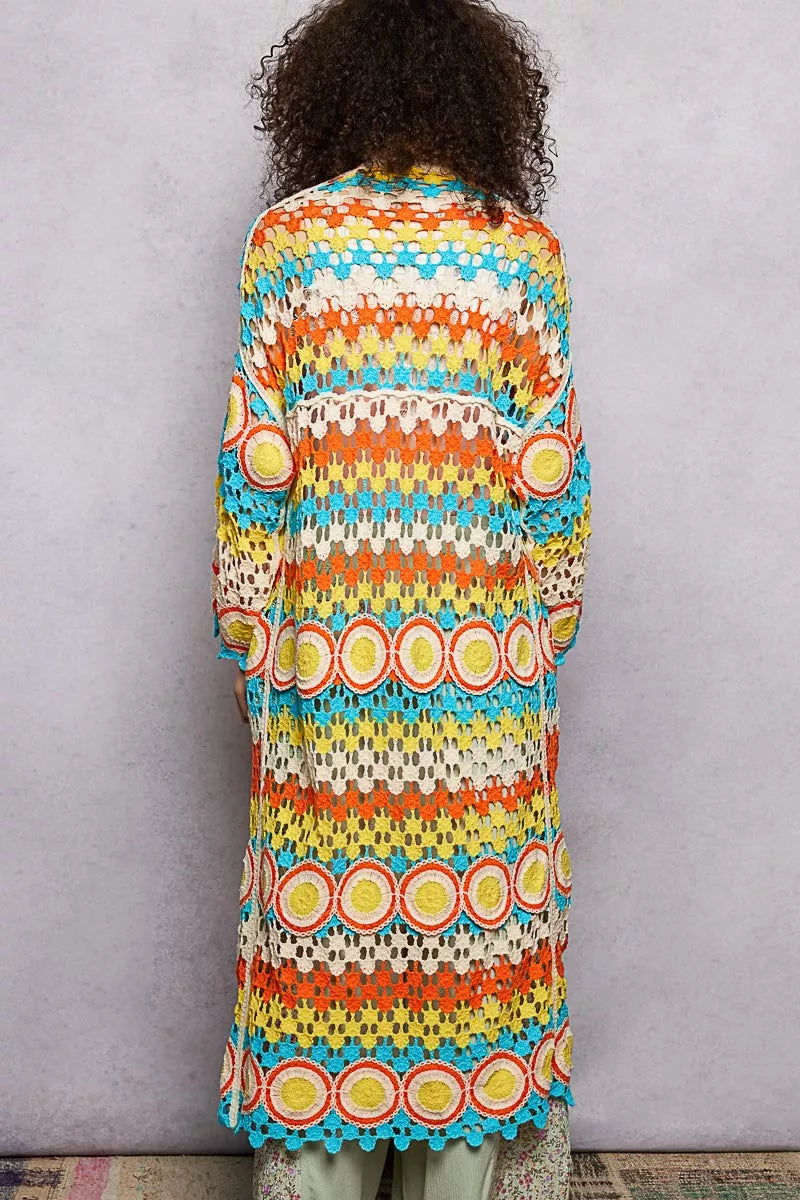 Scalloped Edge Open Front Crochet Cardigan with Colorful Stripe Pattern- Boho Chic Styles by Reef Love