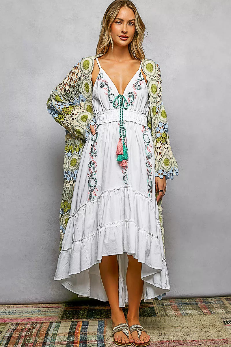 Scalloped Edge Open Front Crochet Cardigan with Colorful Stripe Pattern, Sage- Boho Chic Styles by Reef Love