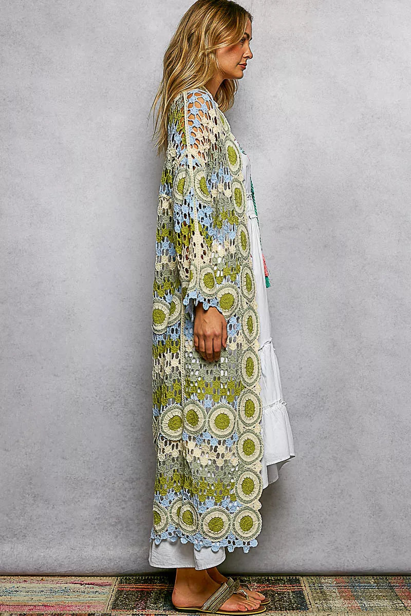 Scalloped Edge Open Front Crochet Cardigan with Colorful Stripe Pattern, Sage- Boho Chic Styles by Reef Love