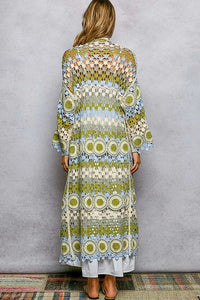 Scalloped Edge Open Front Crochet Cardigan with Colorful Stripe Pattern, Sage- Boho Chic Styles by Reef Love