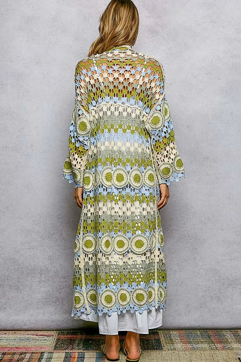 Scalloped Edge Open Front Crochet Cardigan with Colorful Stripe Pattern, Sage- Boho Chic Styles by Reef Love