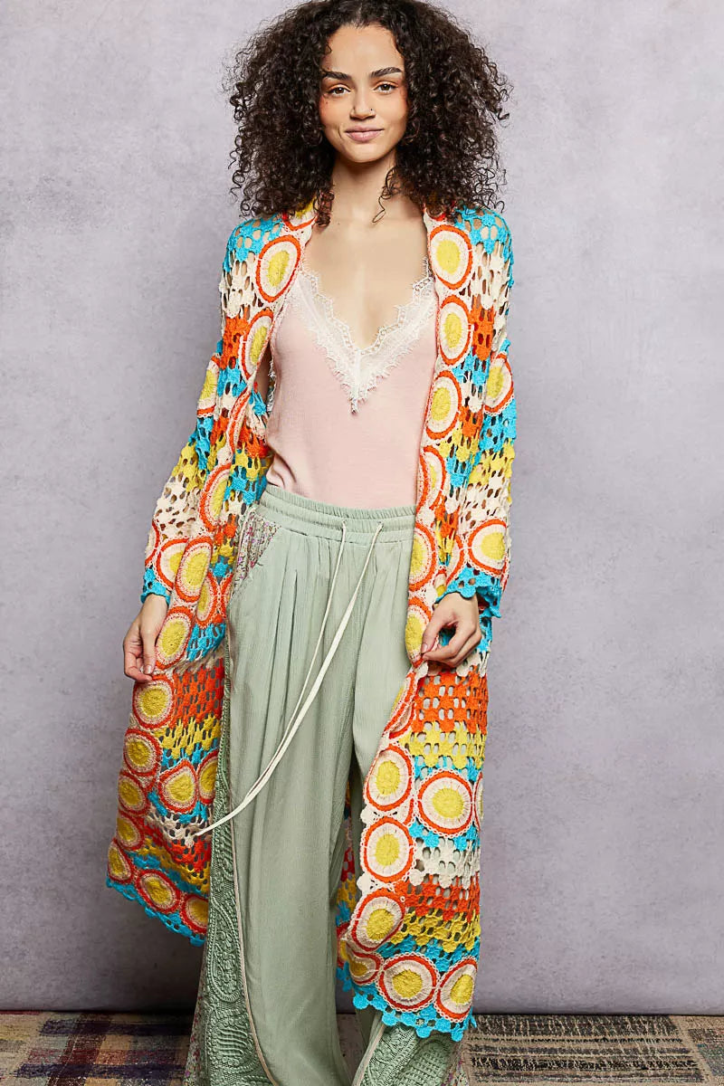 Scalloped Edge Open Front Crochet Cardigan with Colorful Stripe Pattern- Boho Chic Styles by Reef Love