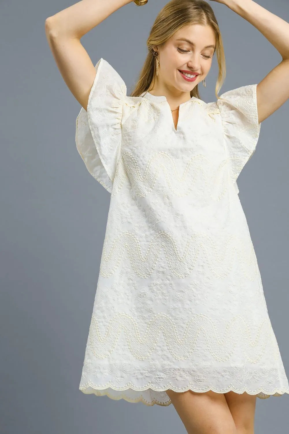 Scalloped Hem Embroidered Mini Dress-White scalloped hem embroidered mini dress, featuring delicate flutter sleeves and a flattering V-neckline. Intricately embroidered with a scalloped hem.-Reef Love Boho-Chic Boutique