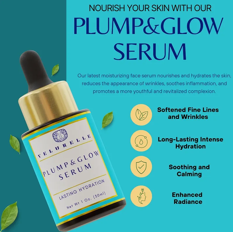 Woman wearing Plump and Glow Serum-Plump & Glow Serum hydrates, soothes, and illuminates with hyaluronic acid, prebiotics, and skin-renewing actives. For soft, radiant skin—every day.