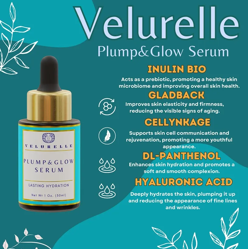 Woman wearing Plump and Glow Serum-Plump & Glow Serum hydrates, soothes, and illuminates with hyaluronic acid, prebiotics, and skin-renewing actives. For soft, radiant skin—every day.