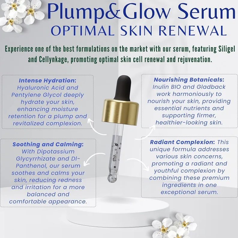Woman wearing Plump and Glow Serum-Plump & Glow Serum hydrates, soothes, and illuminates with hyaluronic acid, prebiotics, and skin-renewing actives. For soft, radiant skin—every day.