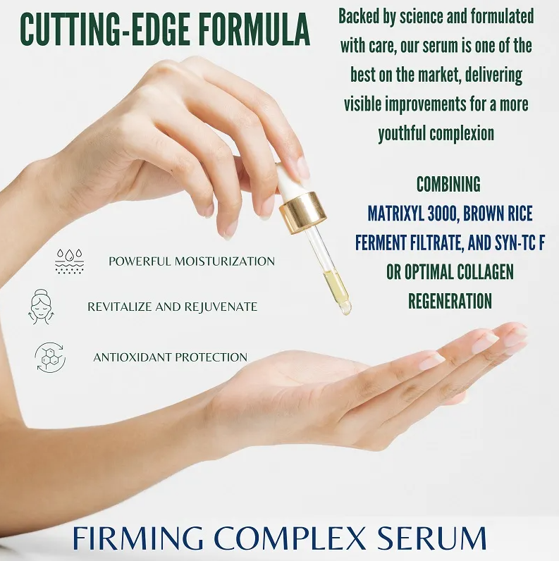 Woman wearing Firming Complex Serum-Firming Complex Serum is a high-performance, multi-action treatment formulated to restore elasticity, firmness, and deep hydration. 