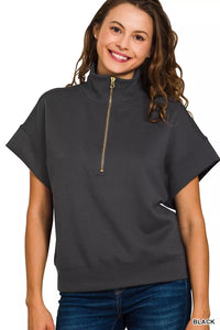 Scuba High Neck Half Zip Short Sleeve Pullover, Black