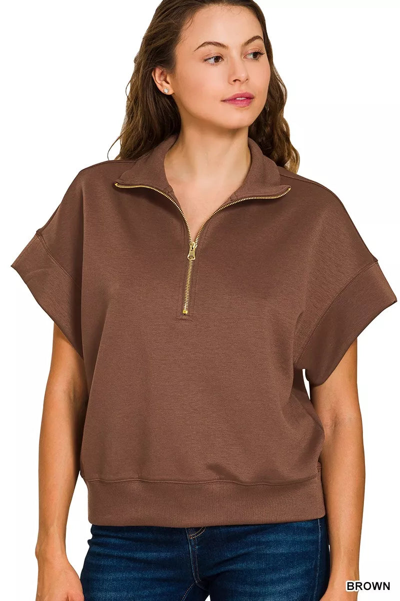 Scuba High Neck Half Zip Short Sleeve Pullover, Brown