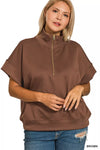 Scuba High Neck Half Zip Short Sleeve Pullover, Brown