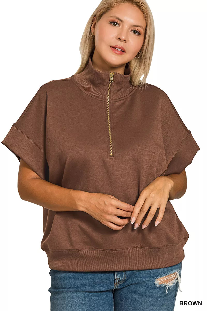 Scuba High Neck Half Zip Short Sleeve Pullover, Brown
