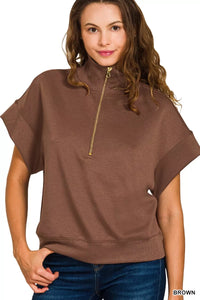 Scuba High Neck Half Zip Short Sleeve Pullover, Brown