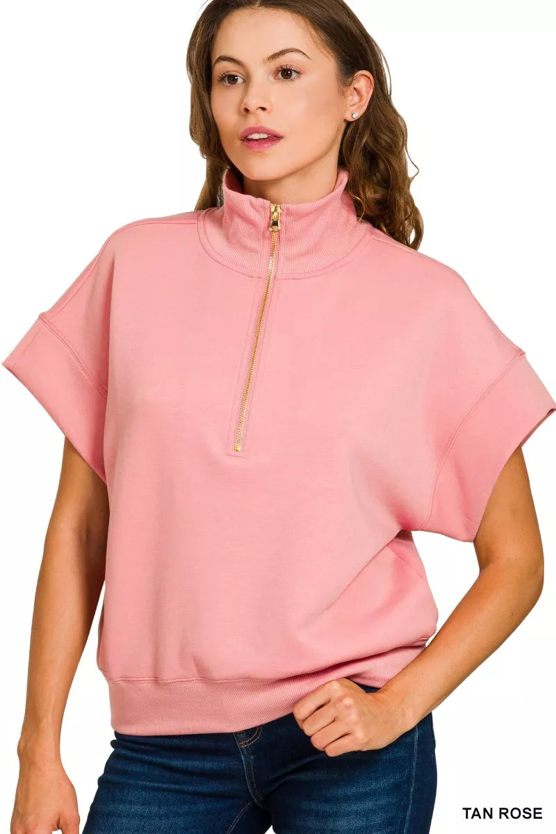 Scuba High Neck Half Zip Short Sleeve Pullover, Pink