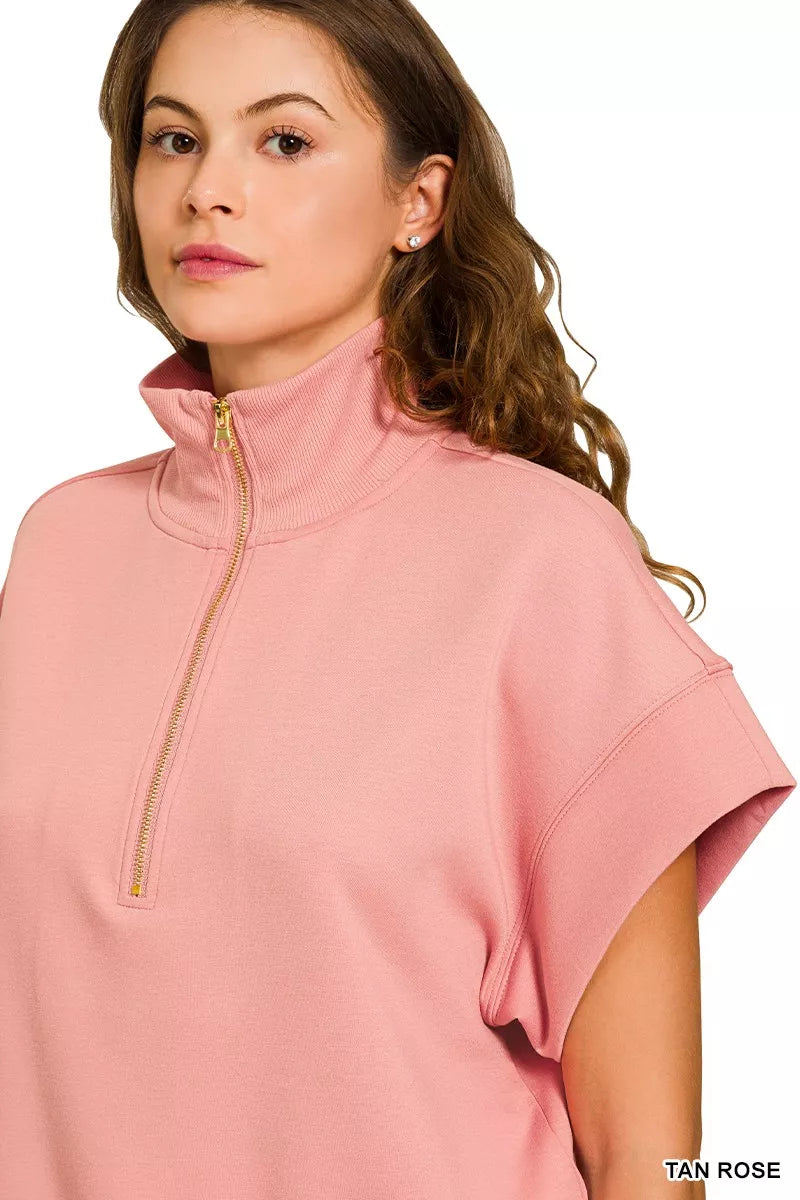 Scuba High Neck Half Zip Short Sleeve Pullover, Pink