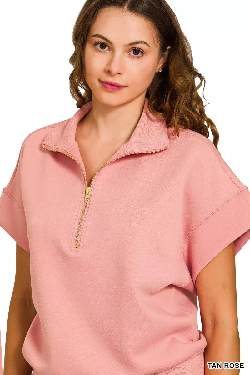 Scuba High Neck Half Zip Short Sleeve Pullover, Pink