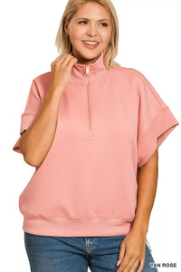 Scuba High Neck Half Zip Short Sleeve Pullover, Pink