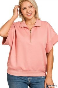 Scuba High Neck Half Zip Short Sleeve Pullover, Pink