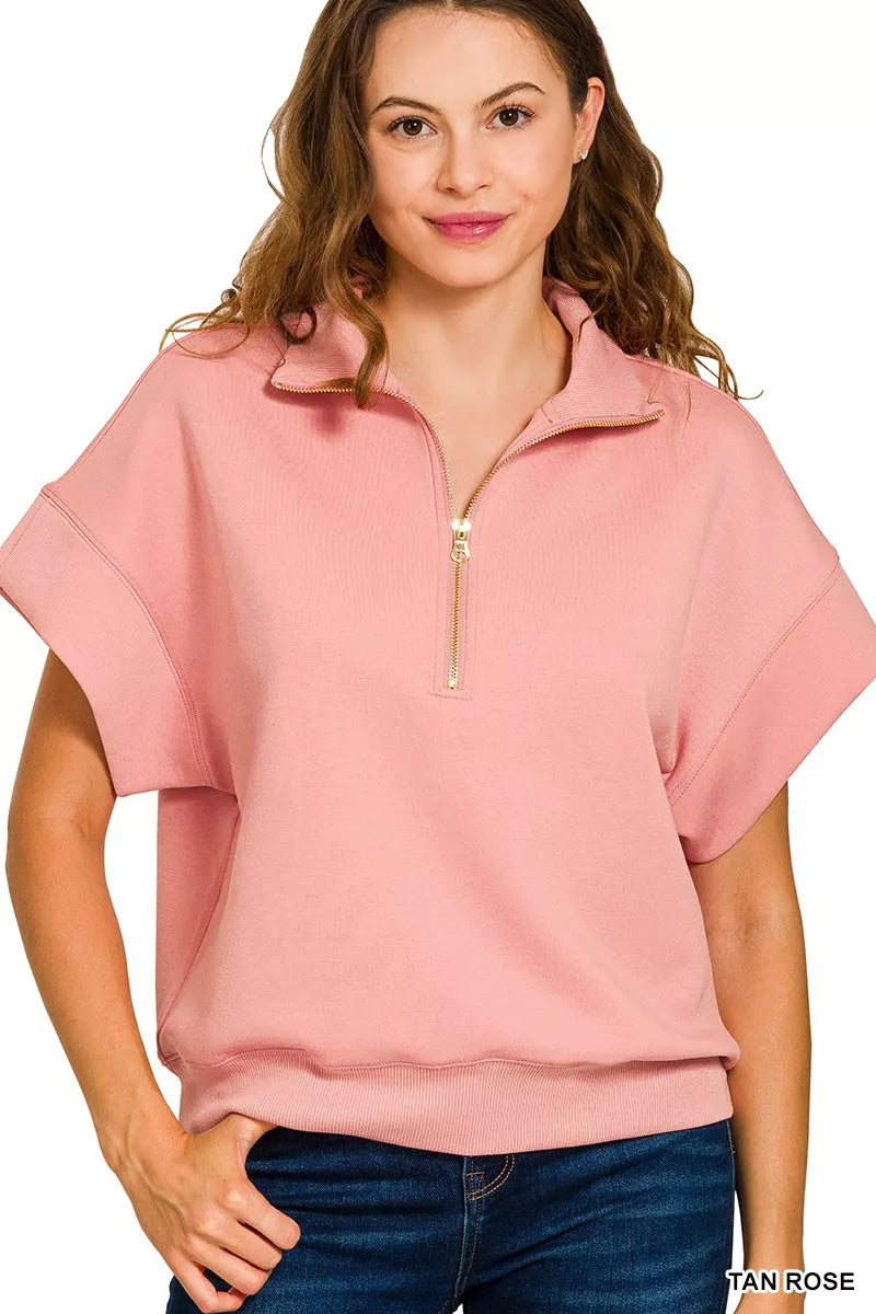 Scuba High Neck Half Zip Short Sleeve Pullover, Pink