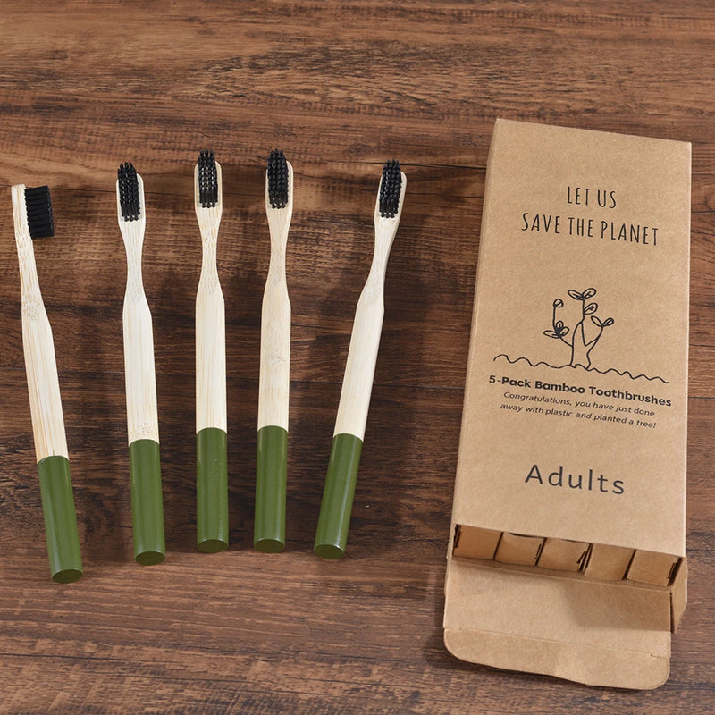 Woman wearing 5 Pack Adult Bamboo Toothbrush Medium Bristles Eco Friendly-5-pack bamboo toothbrush set with biodegradable handles & medium BPA-free bristles. Eco-friendly, vegan, plastic-free & individually packaged.