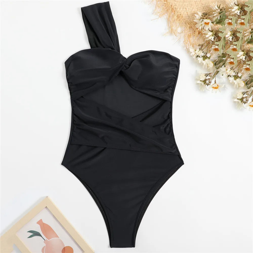One Shoulder Black One Piece Swimsuit