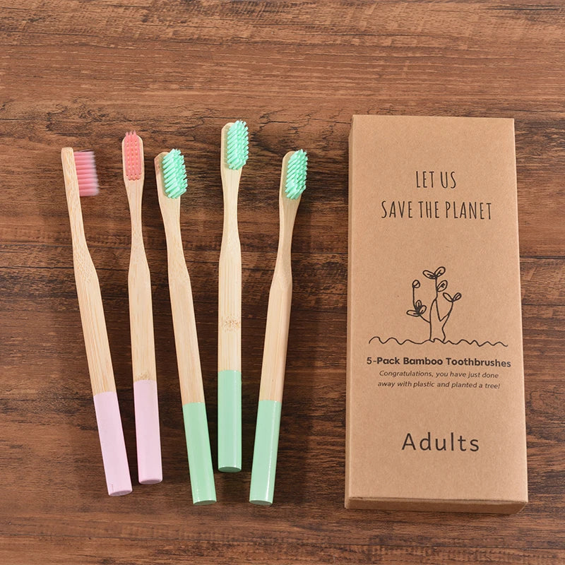 Woman wearing 5 Pack Adult Bamboo Toothbrush Medium Bristles Eco Friendly-5-pack bamboo toothbrush set with biodegradable handles & medium BPA-free bristles. Eco-friendly, vegan, plastic-free & individually packaged.