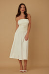 Secret Garden Linen Strapless Midi Dress-Women's Strapless Linen Dress. Crafted from a linen-look textured fabric, this strapless silhouette brings timeless charm with a modern, romantic twist. -Reef Love Boho-Chic Boutique