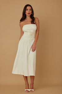 Secret Garden Linen Strapless Midi Dress-Women's Strapless Linen Dress. Crafted from a linen-look textured fabric, this strapless silhouette brings timeless charm with a modern, romantic twist. -Reef Love Boho-Chic Boutique