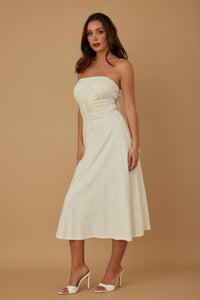 Secret Garden Linen Strapless Midi Dress-Women's Strapless Linen Dress. Crafted from a linen-look textured fabric, this strapless silhouette brings timeless charm with a modern, romantic twist. -Reef Love Boho-Chic Boutique