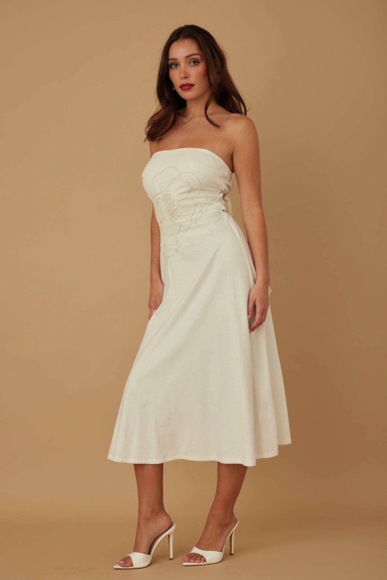 Secret Garden Linen Strapless Midi Dress-Women's Strapless Linen Dress. Crafted from a linen-look textured fabric, this strapless silhouette brings timeless charm with a modern, romantic twist. -Reef Love Boho-Chic Boutique