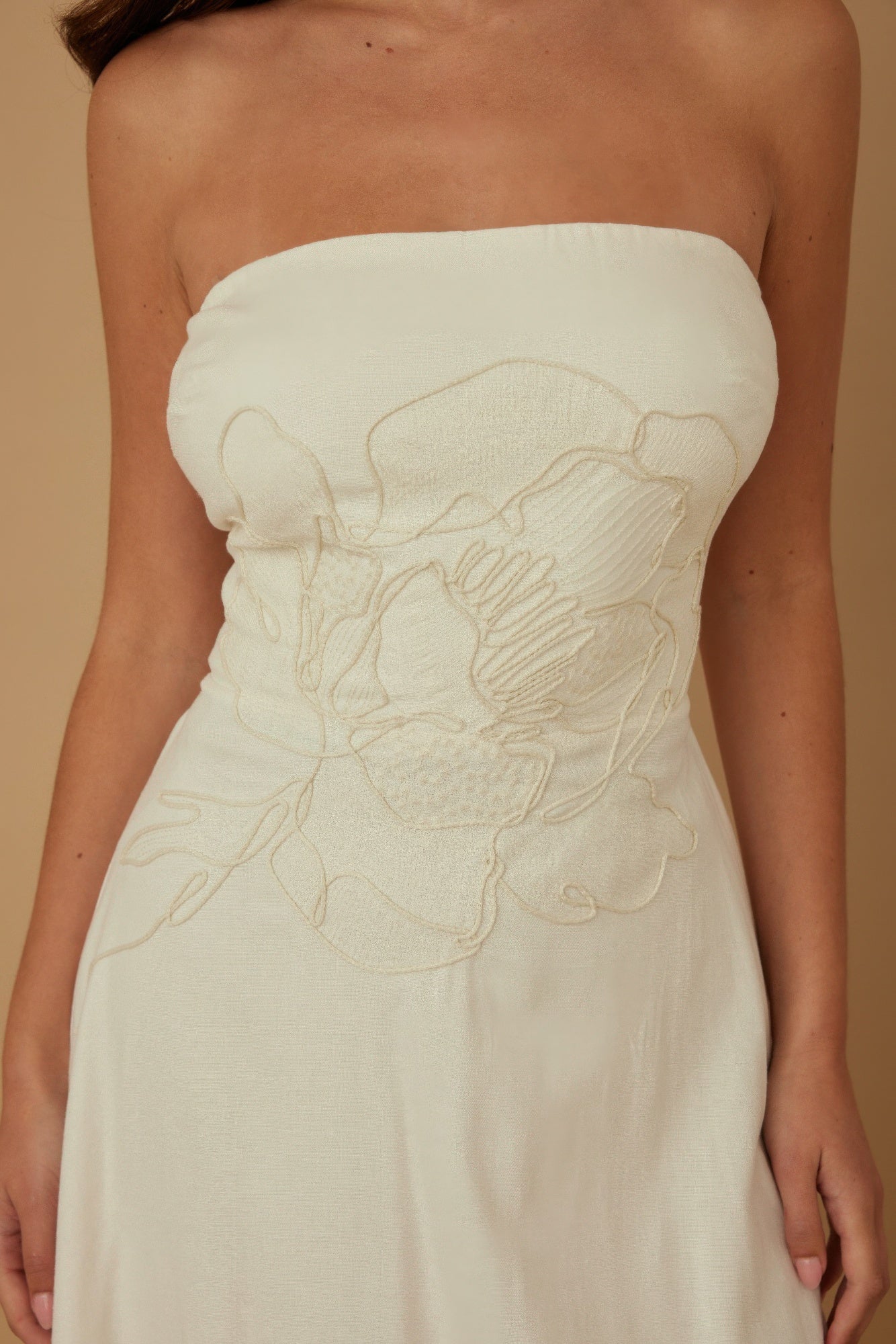 Secret Garden Linen Strapless Midi Dress-Women's Strapless Linen Dress. Crafted from a linen-look textured fabric, this strapless silhouette brings timeless charm with a modern, romantic twist. -Reef Love Boho-Chic Boutique