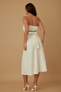 Secret Garden Linen Strapless Midi Dress-Women's Strapless Linen Dress. Crafted from a linen-look textured fabric, this strapless silhouette brings timeless charm with a modern, romantic twist. -Reef Love Boho-Chic Boutique